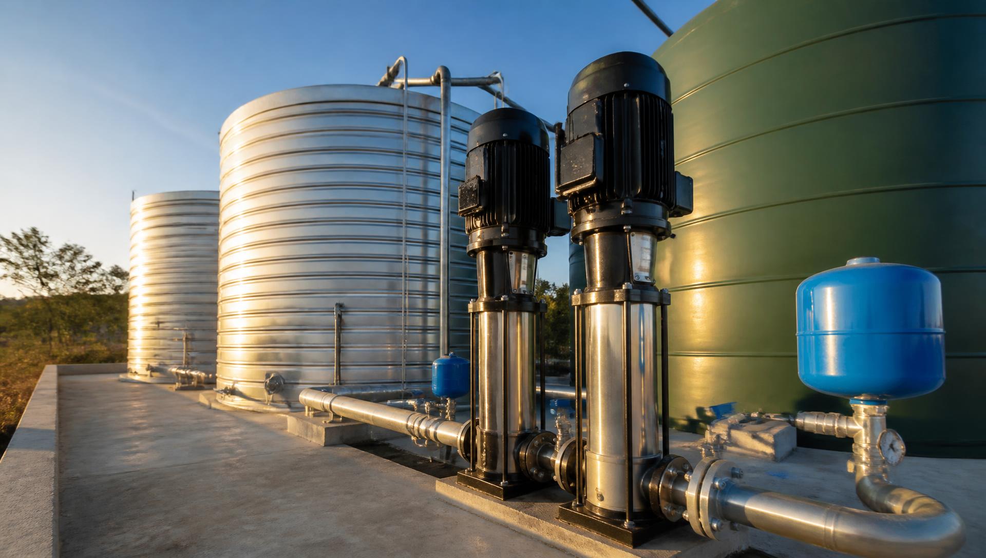 Water storage tanks, booster pumps and stainless steel pipework at a property water installation