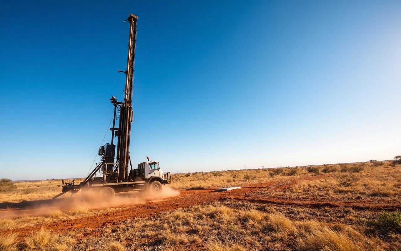Borehole drilling rig with its mast raised, drilling on an open South African property