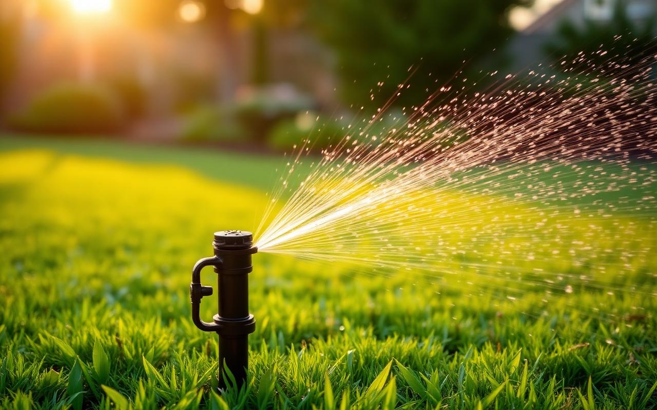 Automated pop-up sprinkler watering a green lawn in early morning light