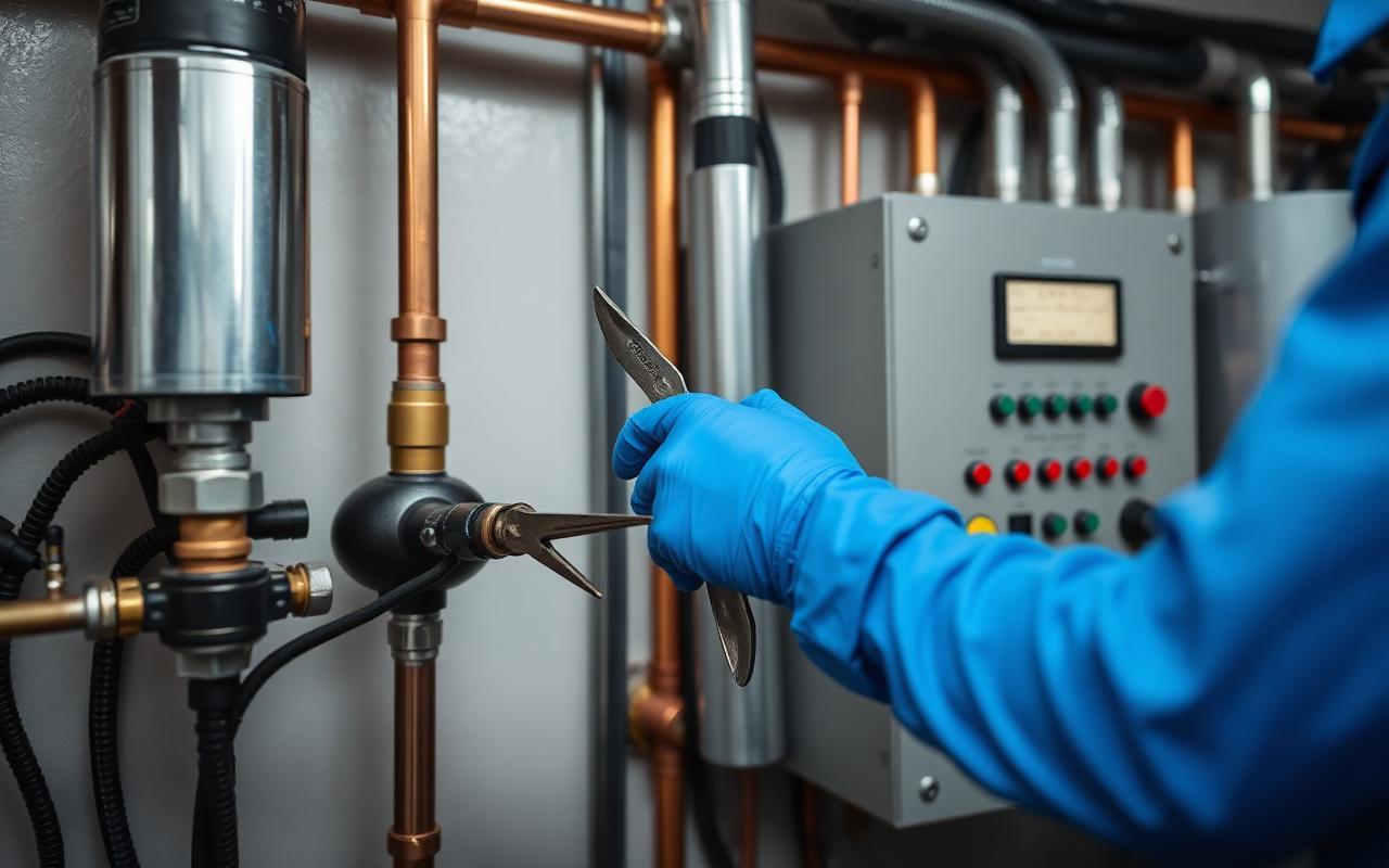 Technician working on a water pump, copper pipework and an electrical control panel