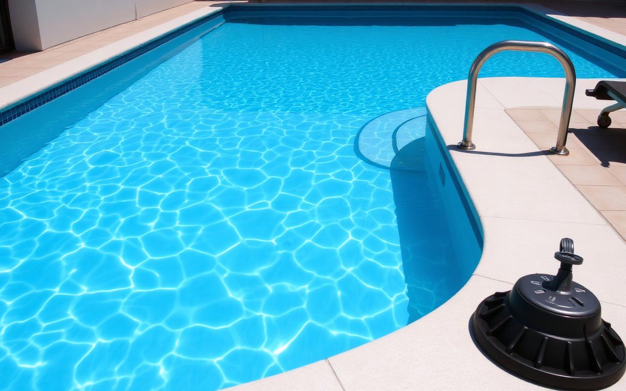 Clean residential swimming pool with clear blue water and a skimmer lid on the deck