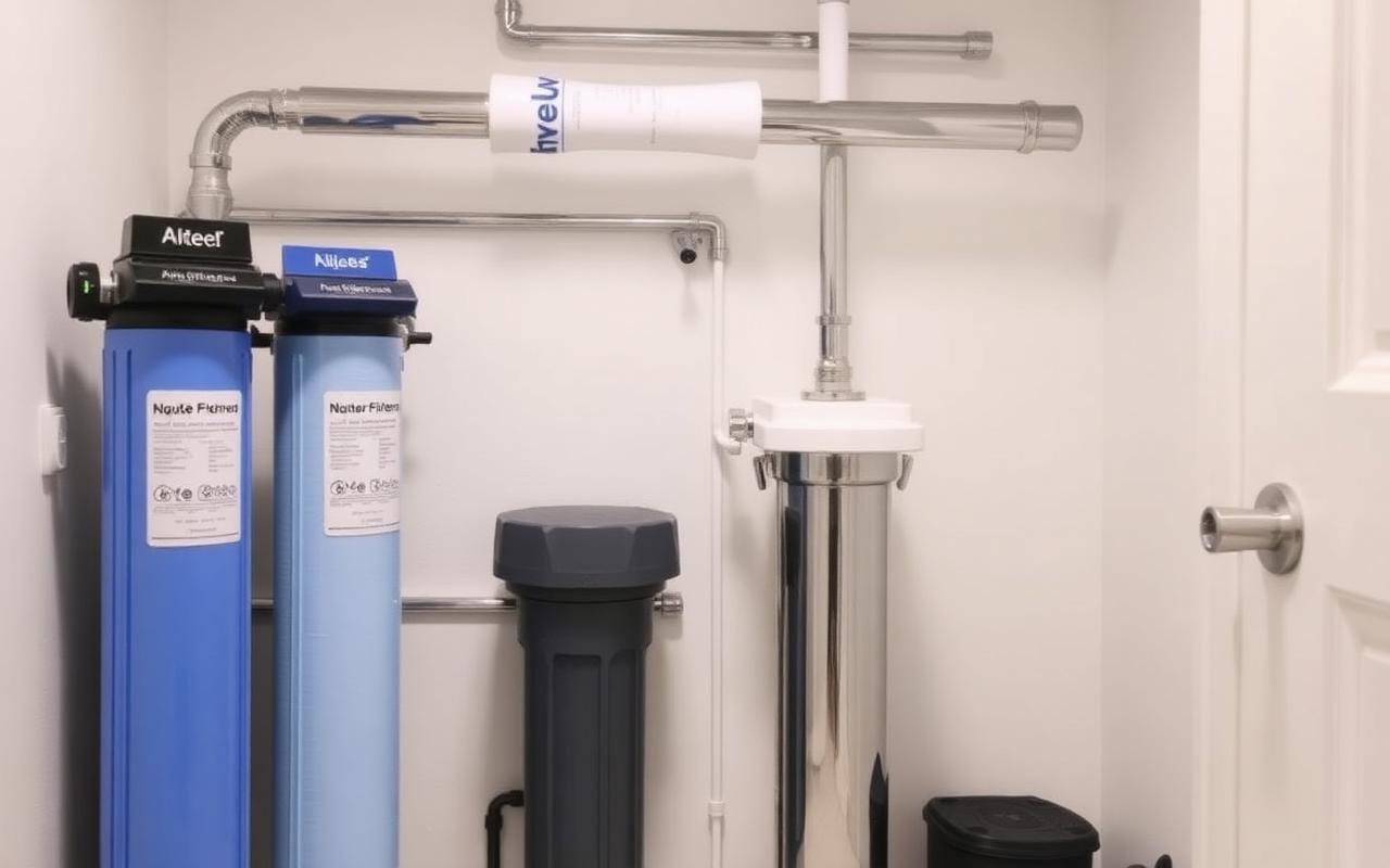 Whole-house water filtration system with sediment and carbon filter housings and a UV unit