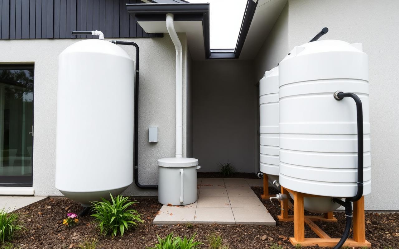 Rainwater harvesting tanks connected to a roof downpipe with a leaf filter at a modern home