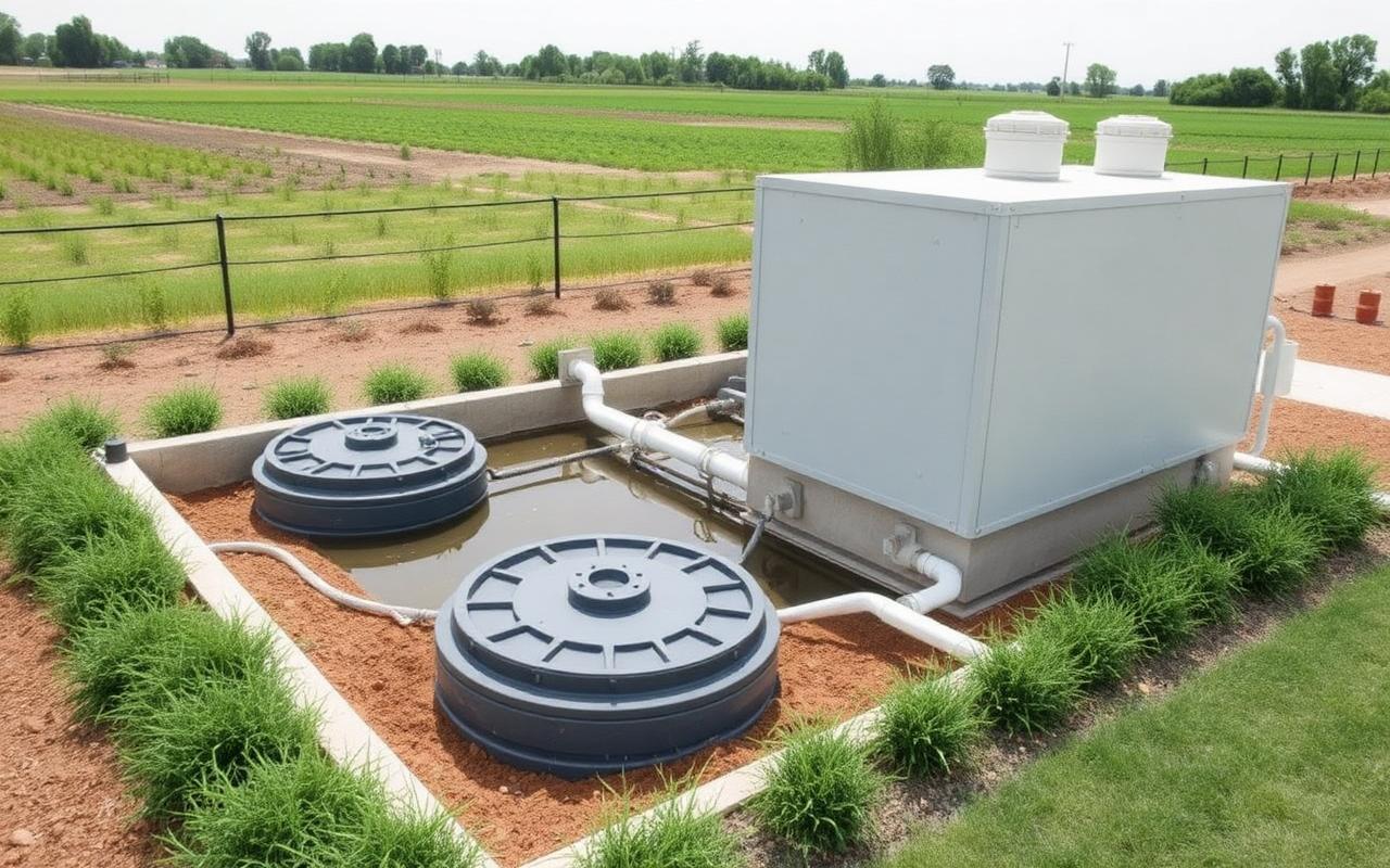 Compact package wastewater treatment plant with access covers installed on a rural property
